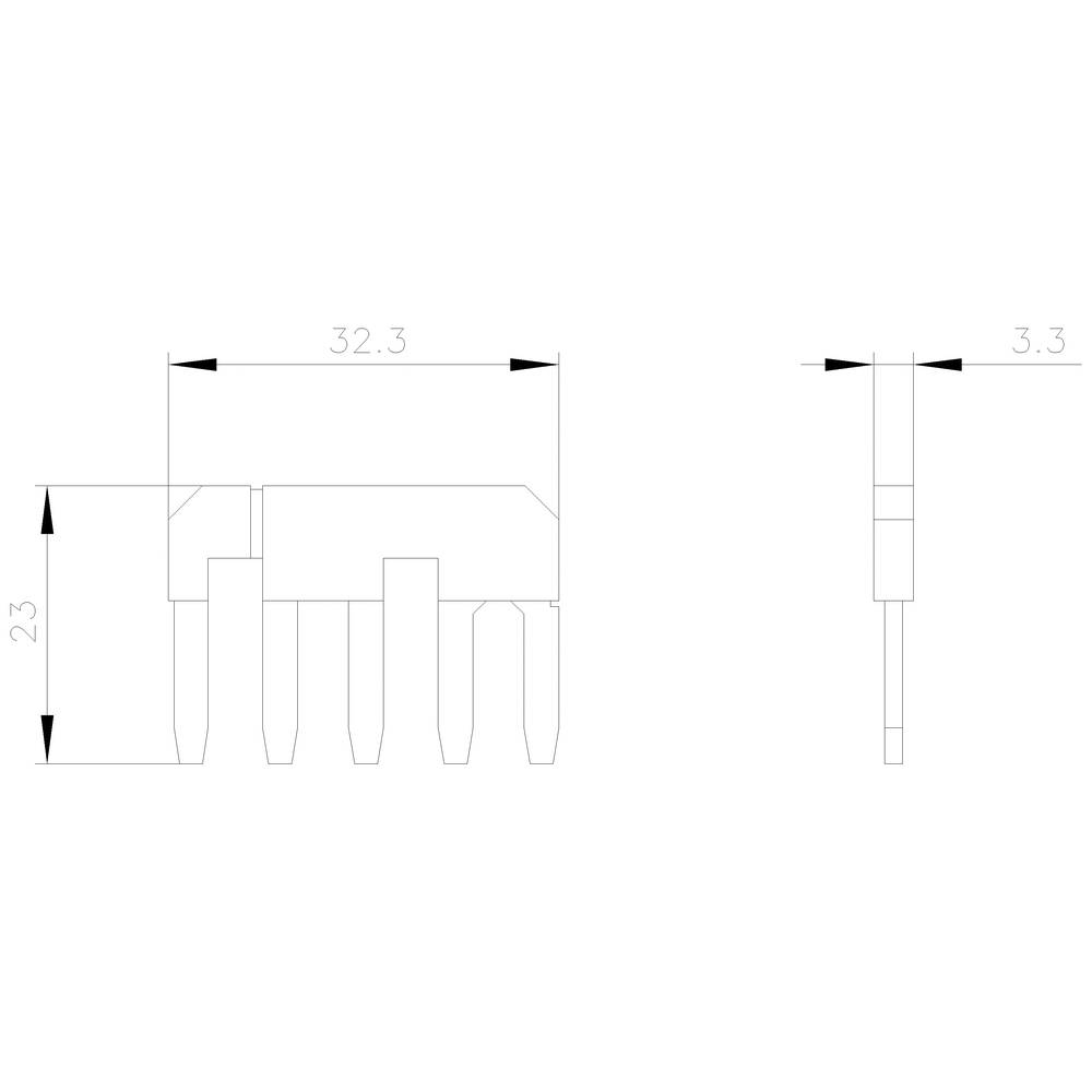 Technische Zeichnung eines elektronischen Bauteils mit Abmessungen: Breite 32,3 mm, Höhe 23 mm, Seitenansicht 3,3 mm.