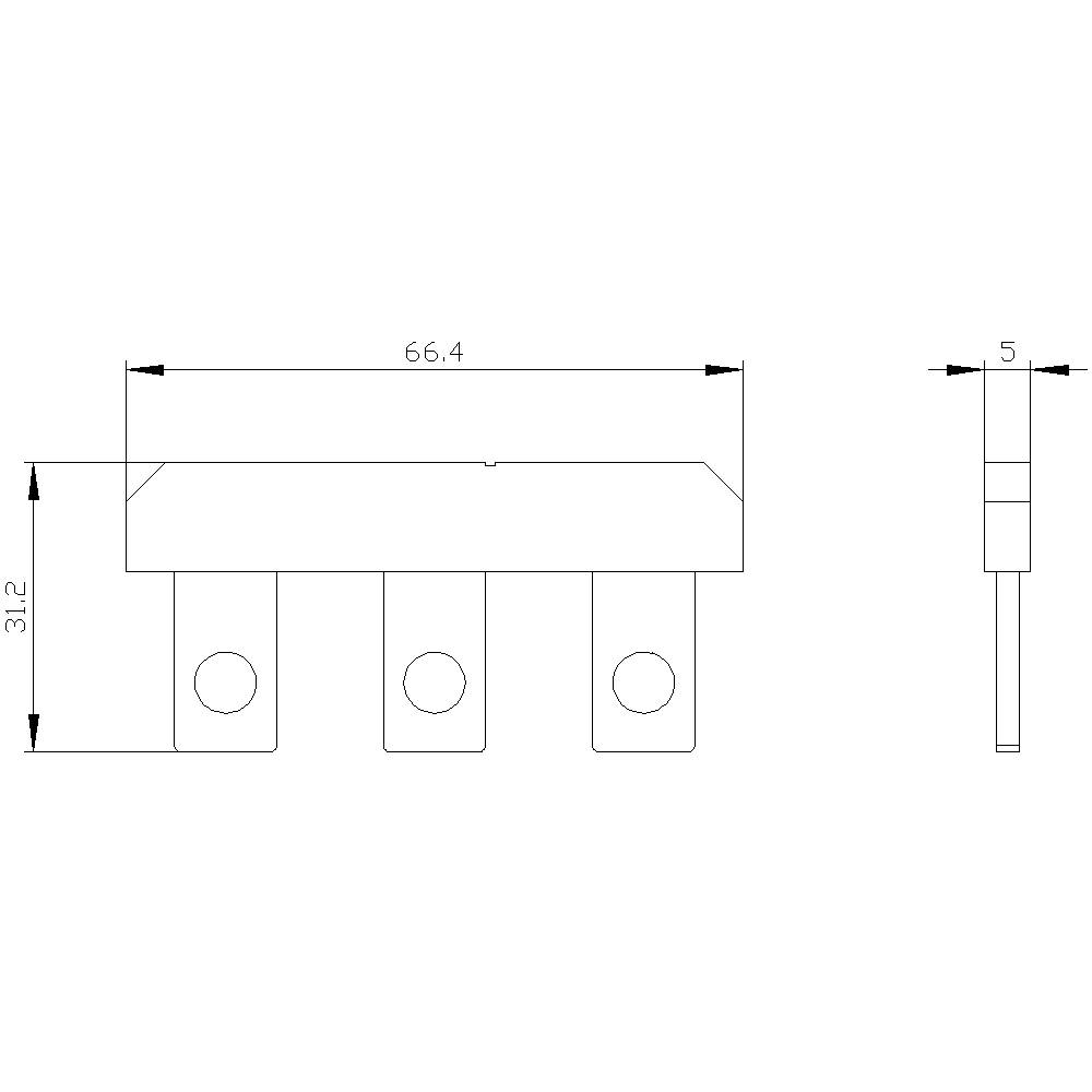 Technische Zeichnung eines Bauteils mit Maßen: Breite 66,4 mm, Höhe 31,2 mm, und Tiefe 5 mm. Drei kreisförmige Öffnungen unten.