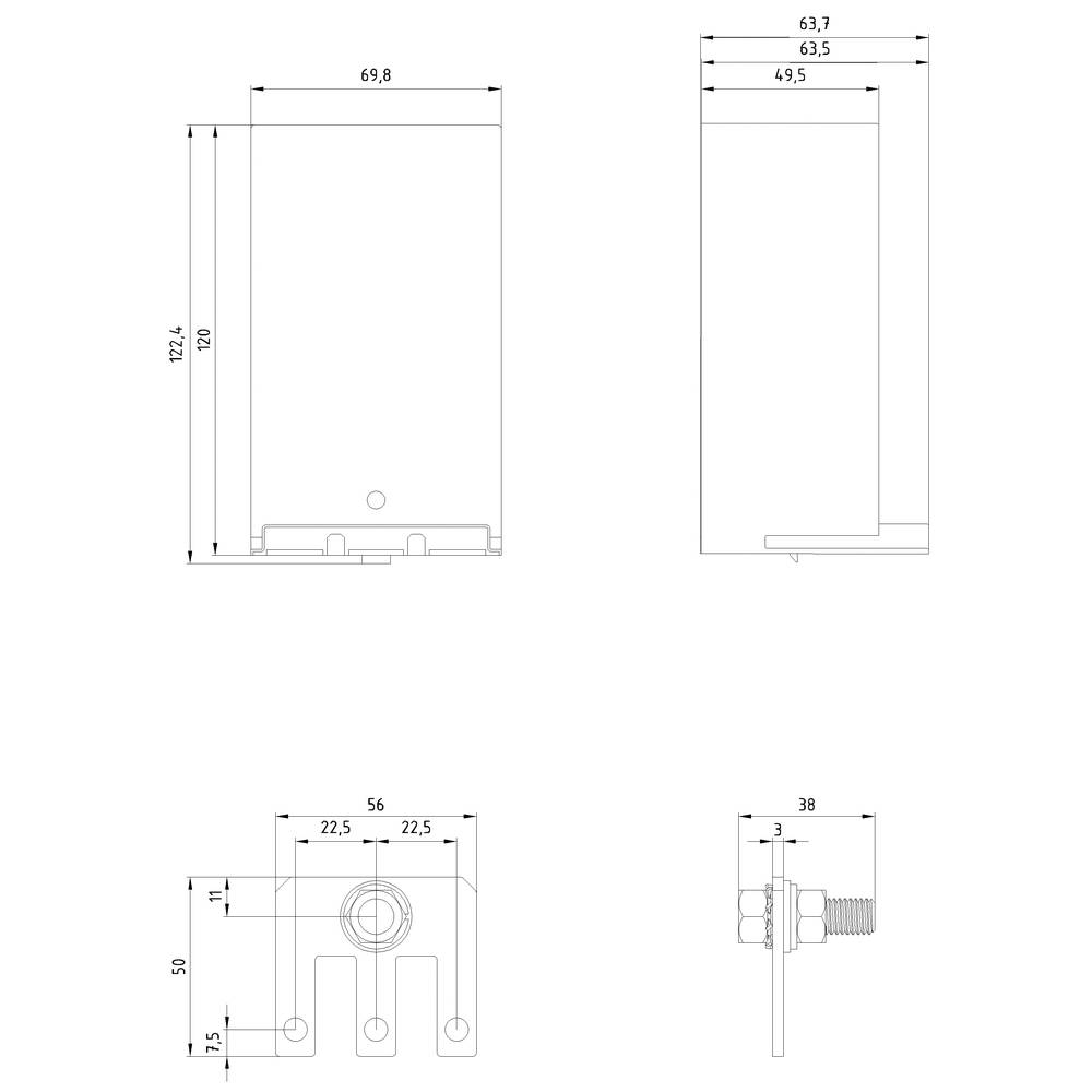 Technische Zeichnung eines rechteckigen Bauteils mit Maßen: 122,2 x 69,8 x 63,7 mm. Enthält detaillierte Ansichten und Montageschritte.