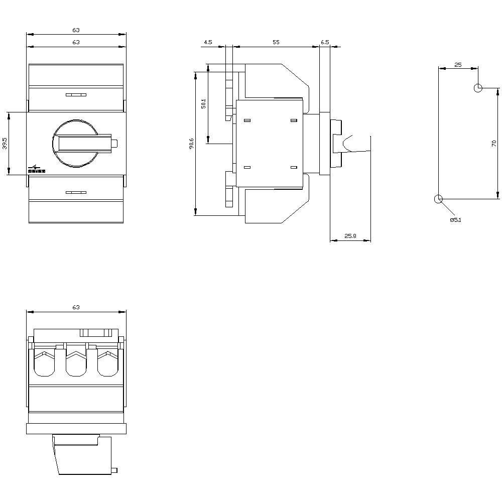 Technische Zeichnung eines Schalters mit Maßen in Millimetern. Zeigt Vorder-, Seiten-, und Rückansicht mit detaillierten Abmessungen.
