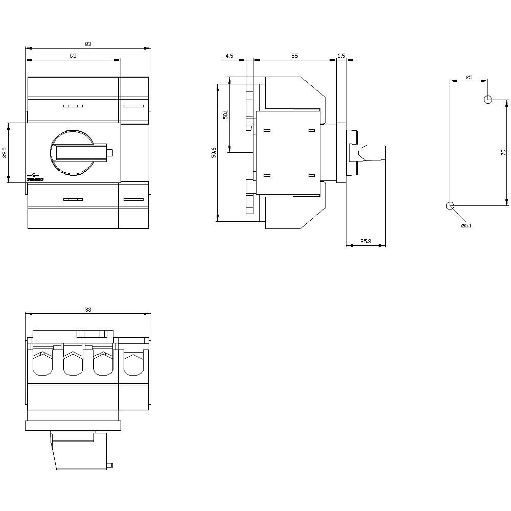 Technische Zeichnung eines elektrischen Schalters mit Abmessungen in Millimetern. Zeigt Vorder-, Seiten- und Draufsicht.
