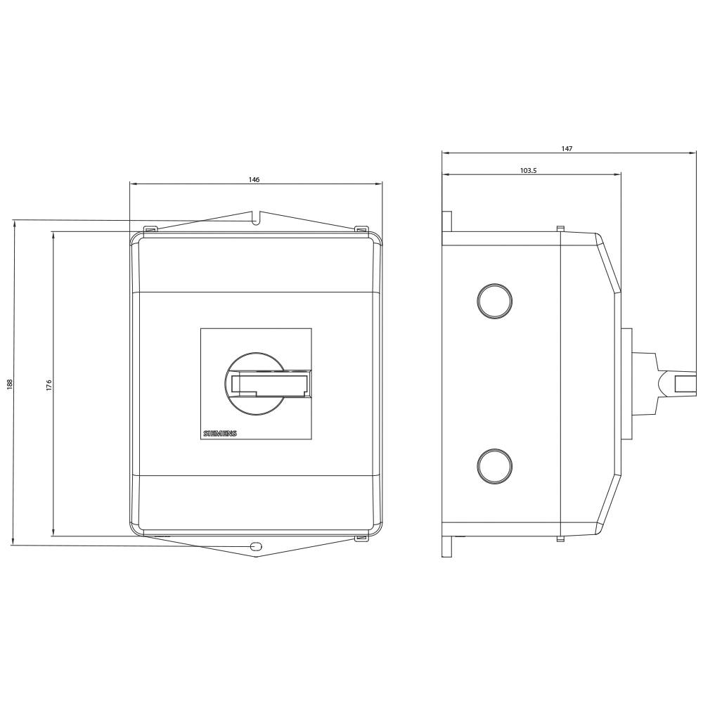 Technische Zeichnung eines elektrischen Drehschalters mit Abmessungen. Links ist eine Vorderansicht, rechts eine Seitenansicht.
