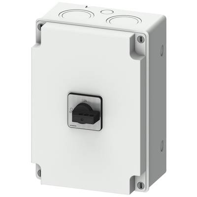 Ein weißes elektrisches Gehäuse mit einem zentralen, quadratischen An/Aus-Schalter. Geeignet für industrielle Schaltungen.
