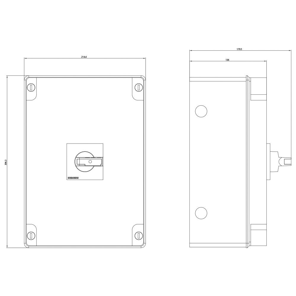 Industriegehäusedesign: Linienzeichnung eines rechteckigen Gehäuses von Vorder- und Seitenansicht mit Befestigungselementen und Maßen.