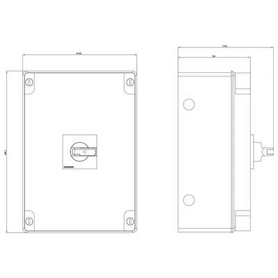 Industriegehäusedesign: Linienzeichnung eines rechteckigen Gehäuses von Vorder- und Seitenansicht mit Befestigungselementen und Maßen.