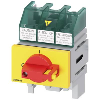 Ein gelber Siemens-Schutzschalter mit rotem Schalterknopf und grüner Schutzabdeckung, Warnhinweise in mehreren Sprachen darauf.