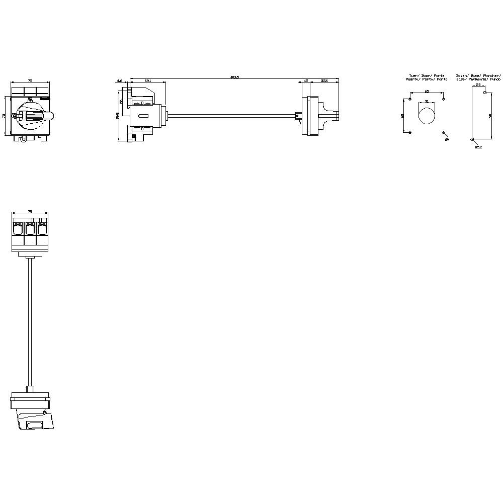 Technische Zeichnung eines rotierenden Maschinenbauteils mit Abmessungen und Ansichten von verschiedenen Perspektiven.