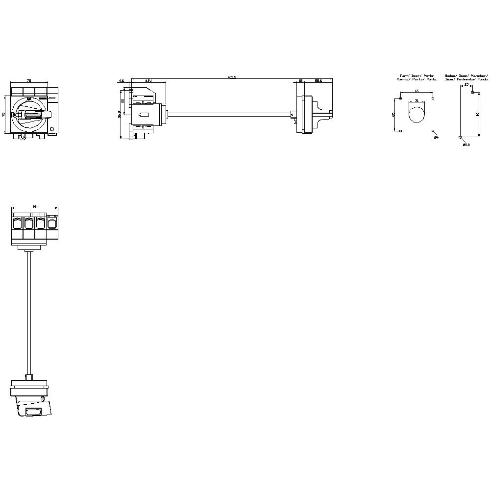 Technische Zeichnung eines Zylinders mit Verdrahtungsdetails, Seitenansicht, Draufsicht und Verdrahtungsplan dargestellt.