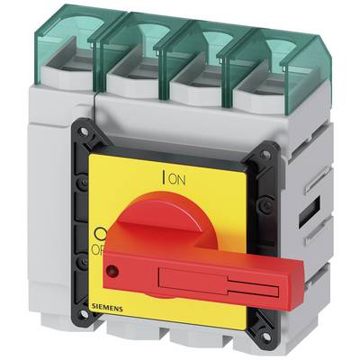 Der abgebildete Hauptschalter von Siemens ist in der "Ein"-Position, erkennbar an dem roten Hebel auf gelbem Hintergrund.