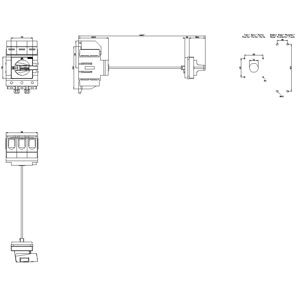 Technische Zeichnung eines mechanischen Bauteils mit mehreren Ansichten und Details, einschließlich Maßen und Montagehinweisen.