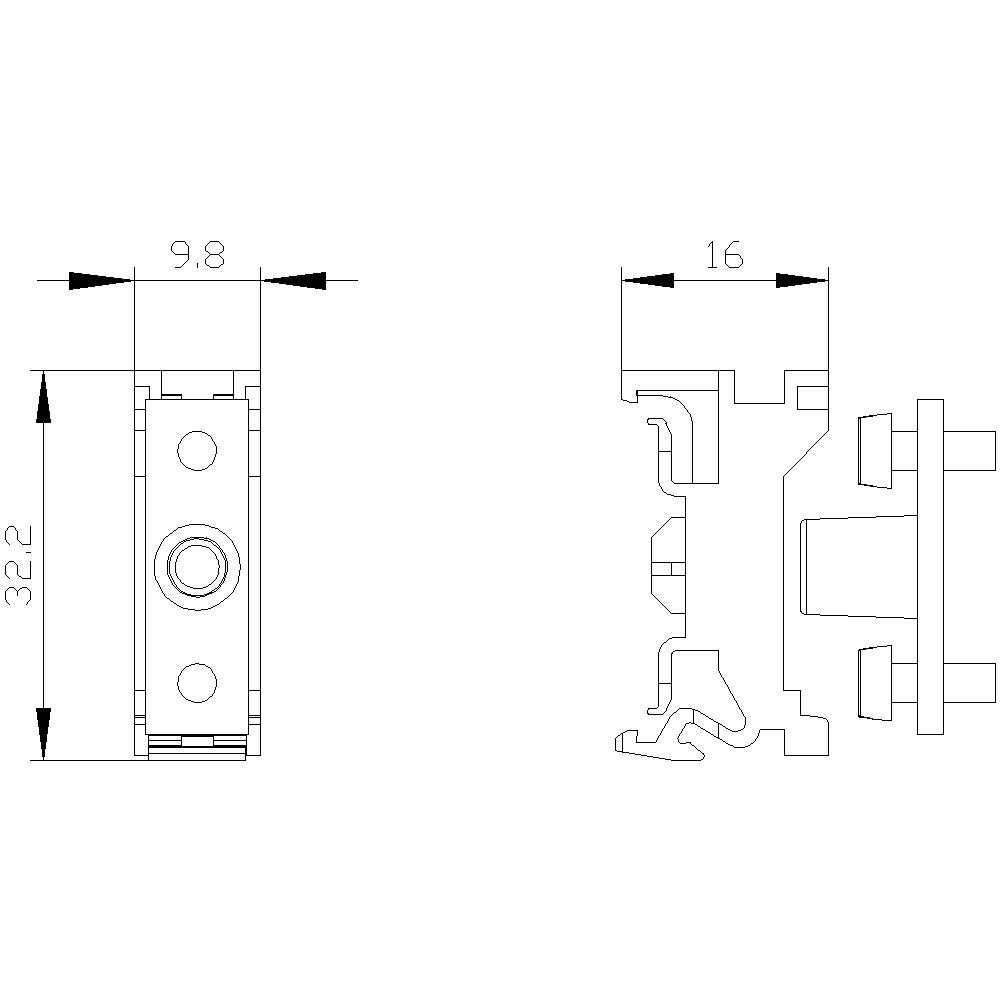 Technische Zeichnung eines mechanischen Bauteils mit Maßen 9,8 mm Breite, 32,2 mm Höhe und 16 mm Tiefe, seitliche und frontale Ansicht.