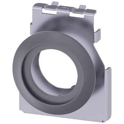 Ein silbernes, metallisches Bauteil mit einem großen runden Loch in der Mitte und kleinen Haken oben, möglicherweise ein mechanischer Teil.