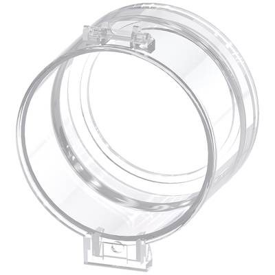 Transparente, zylindrische Röhre aus Kunststoff mit einer kleinen Befestigungsklammer an der Oberseite, auf weißem Hintergrund.