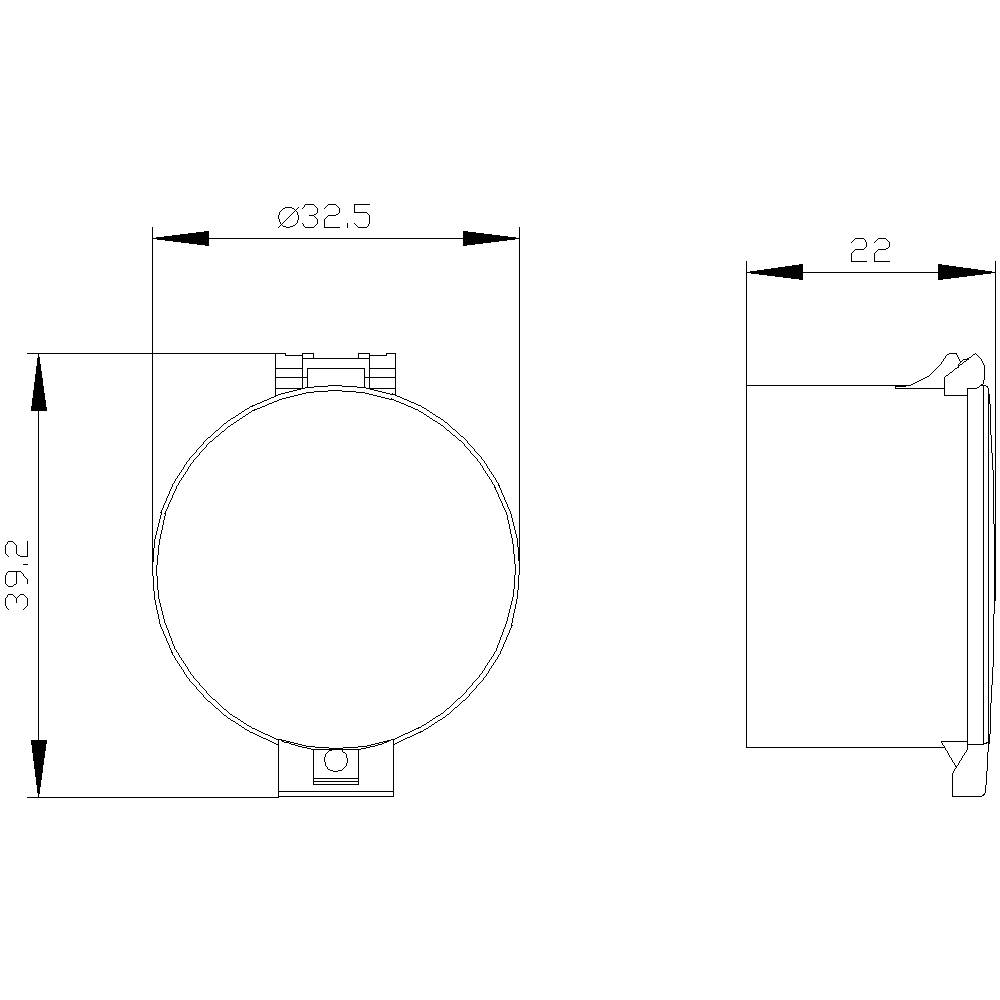 Technische Zeichnung eines zylindrischen Objekts mit Maßen: Durchmesser 32,5 mm, Höhe 39,2 mm, Tiefe 22 mm. Draufsicht und Seitenansicht.