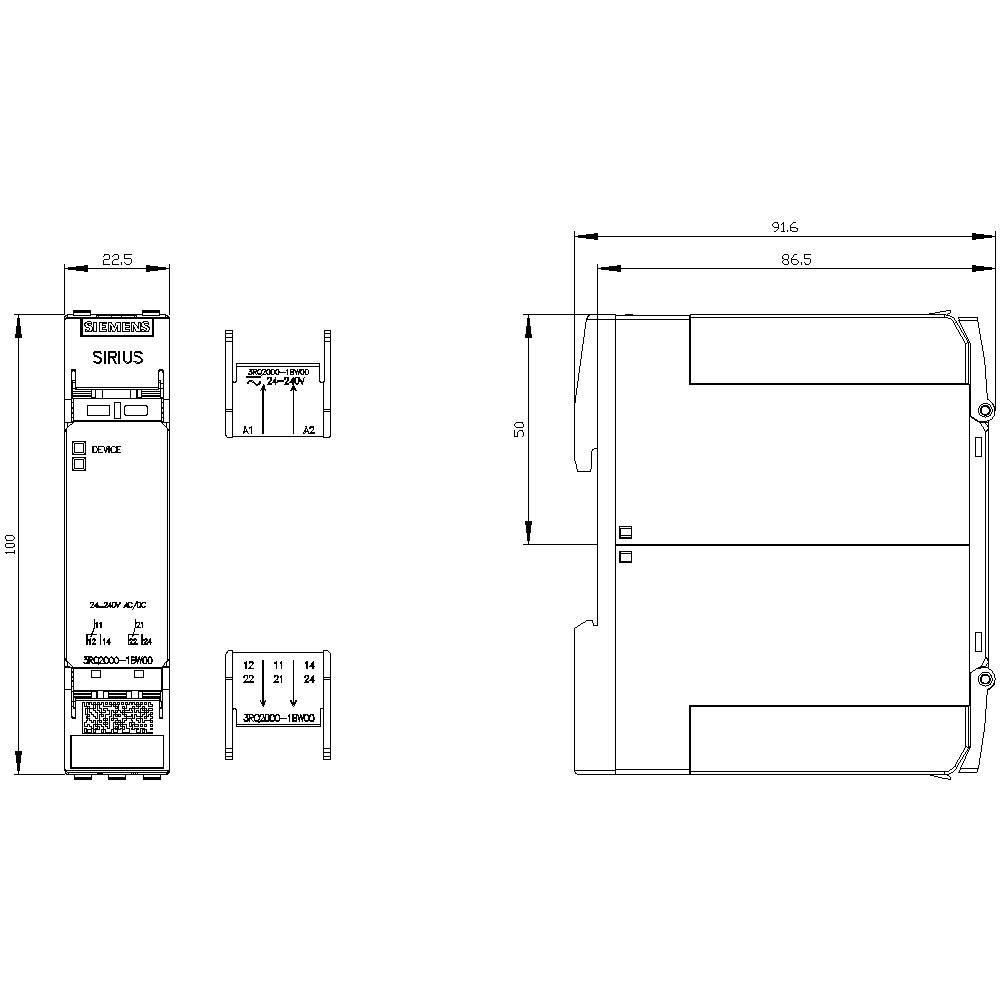 Technische Zeichnung eines SIRIUS-Geräts mit Maßangaben in Millimetern. Vorder- und Seitenansicht zeigen Höhen- und Breitenmaße.