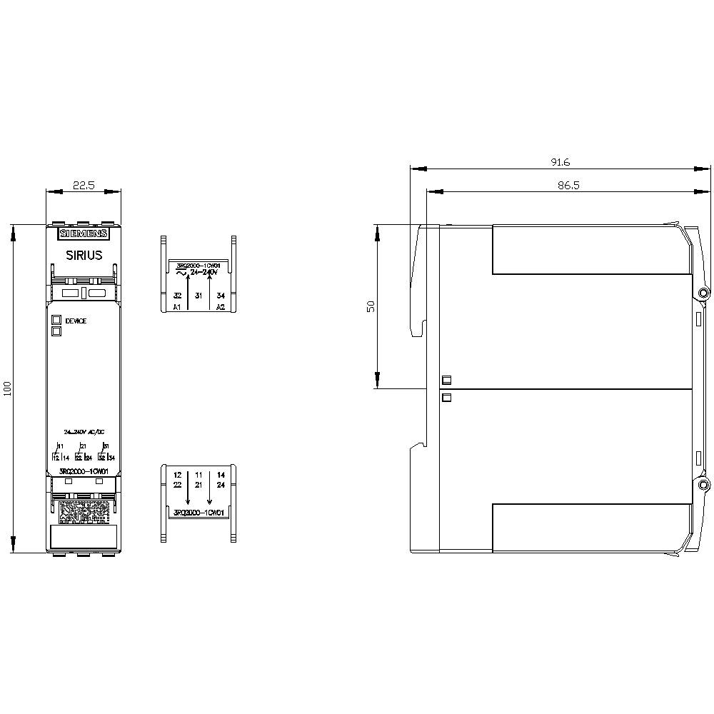 Technische Zeichnung eines SIRIUS Geräts mit Abmessungen: Höhe 100mm, Breite 22.5mm. Zeigt Vorderansicht, Seitenansicht, Aufbau.