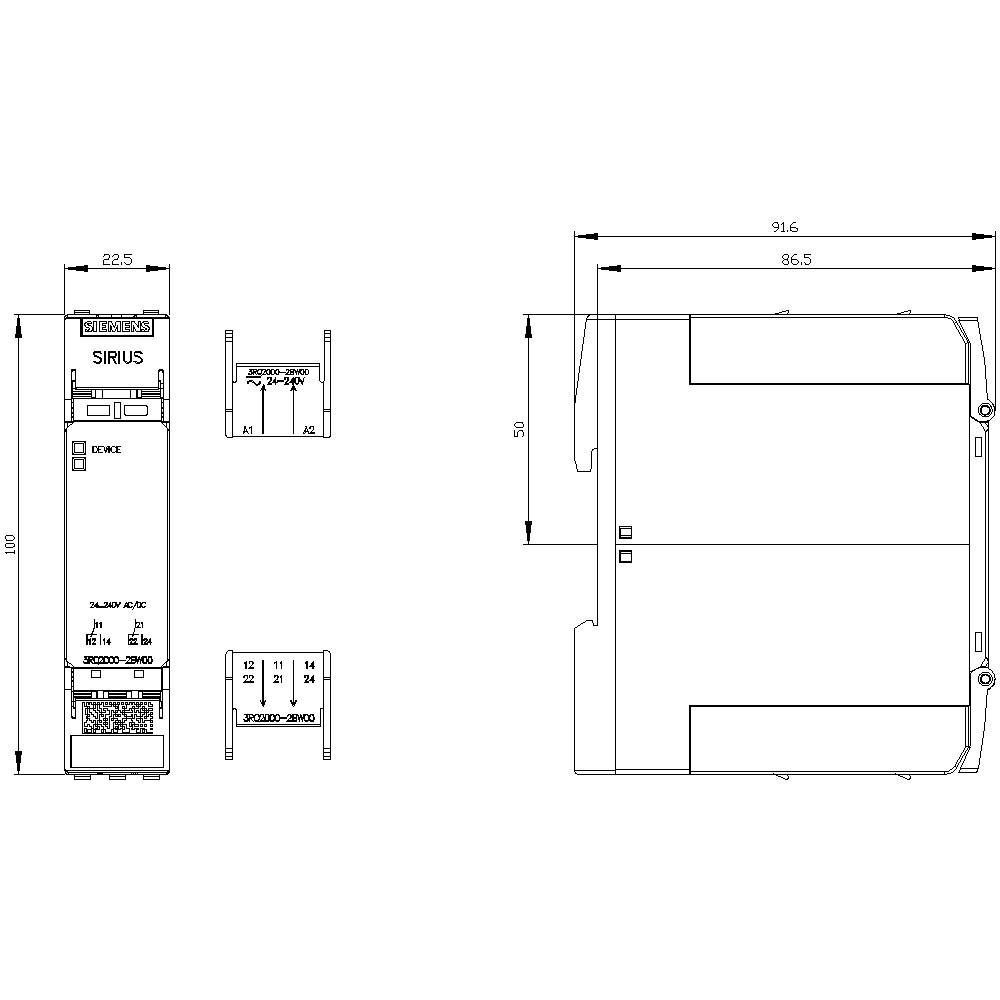 Technische Zeichnung eines elektronischen Bauteils mit Abmessungen 22,5 mm x 100 mm, Seiten- und Vorderansicht, beschriftet mit 'SIRIUS'.