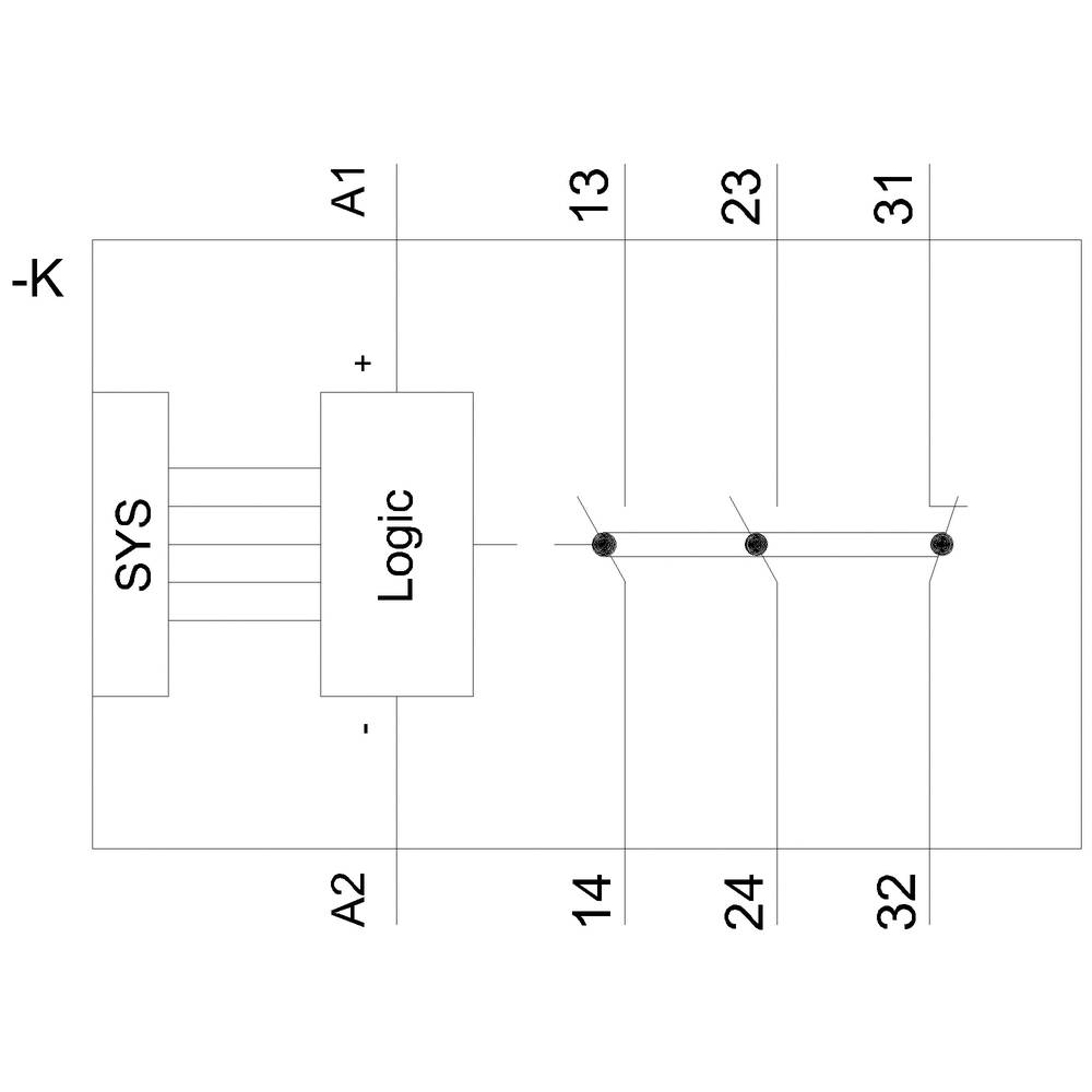 Schaltplan eines logischen Systems mit Verbindungen zwischen 'Logic', 'SYS', und den Anschlüssen A1, A2, 13, 14, 23, 24, 31, 32.