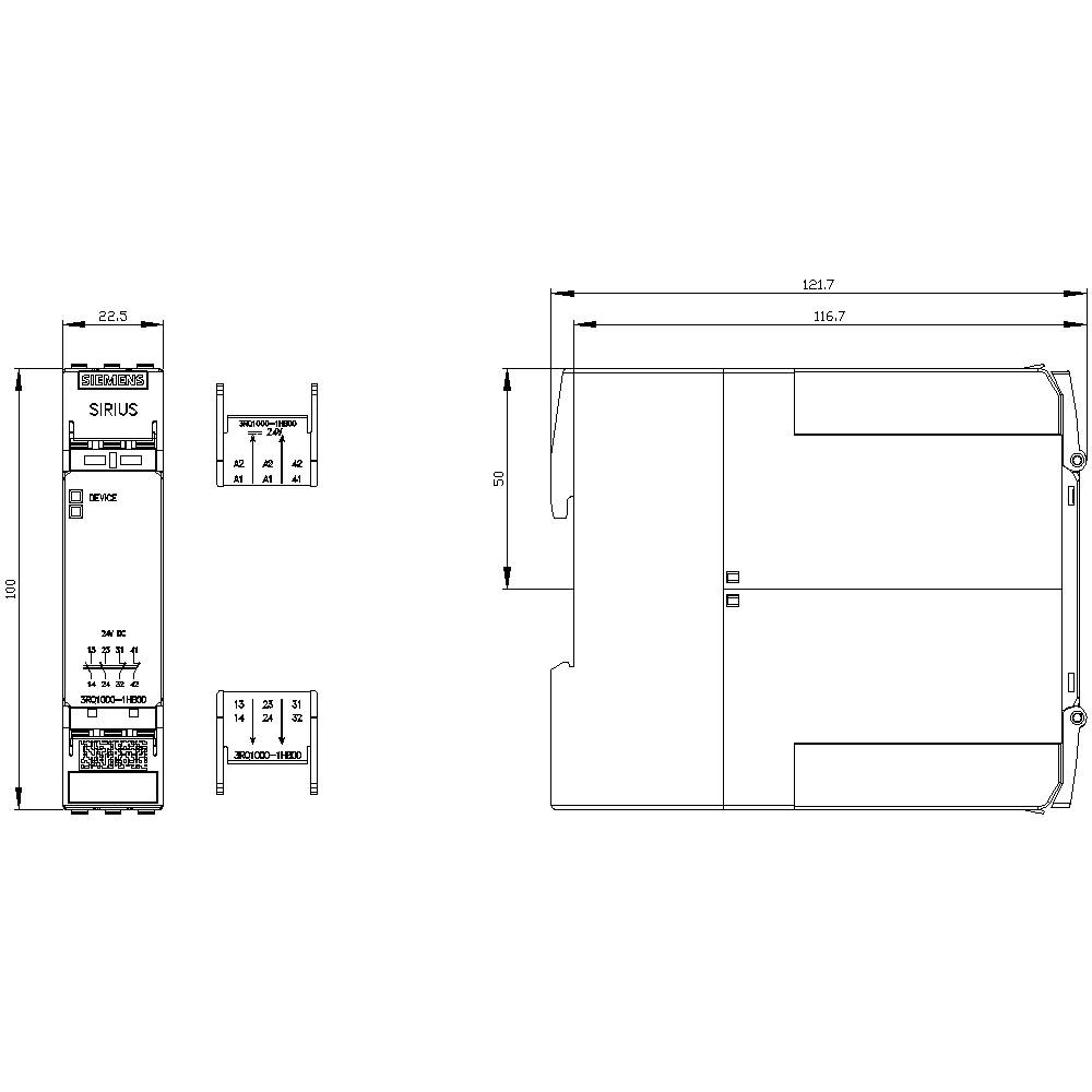 Technische Zeichnung eines Industriebauteils mit Abmessungen: Breite 22,5 mm, Höhe 120 mm, weitere Seitenansicht 121,7 mm. Enthält Anschlussdetails.