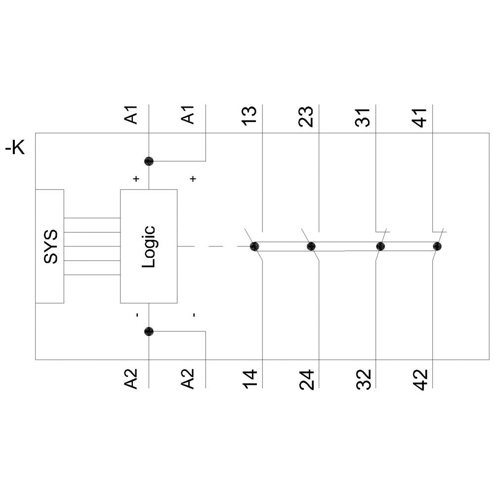 'Elektrischer Schaltplan zeigt ein logisches System mit Ein- und Ausgängen A1 bis A2 und 13 bis 42, verbunden durch Dual In-line Package (DIP) Schalter.'