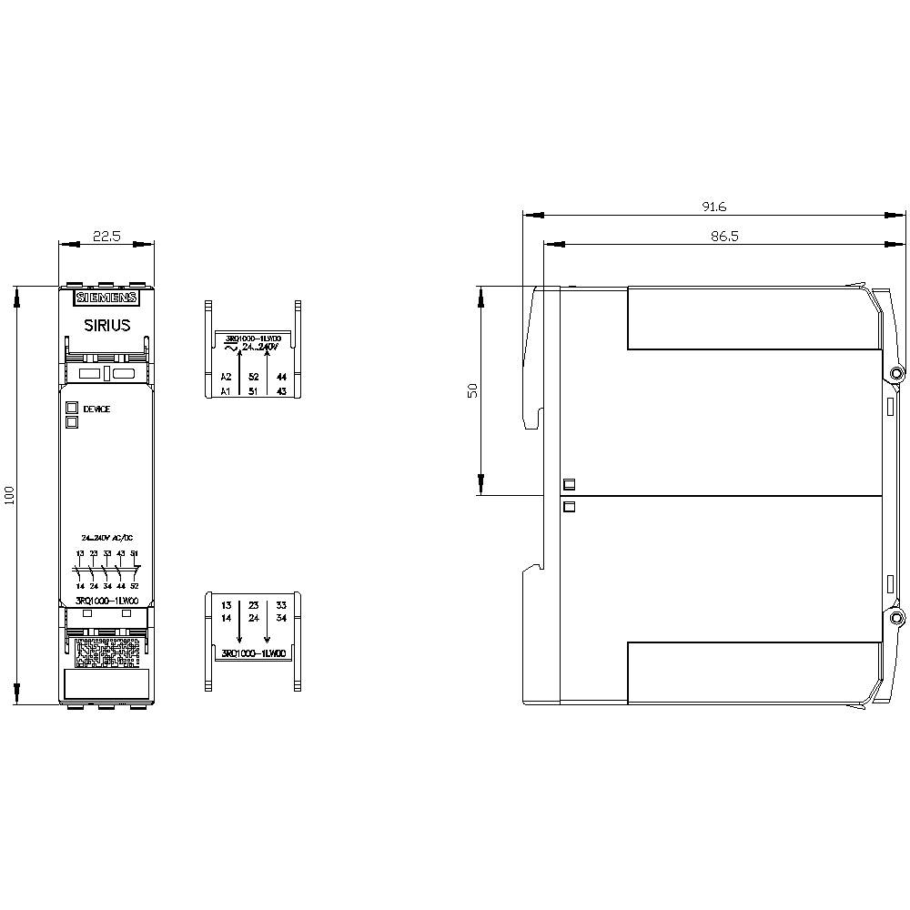 Technische Zeichnung eines elektrischen Geräts mit den Maßen 22,5 x 91,6 mm. Front- und Seitenansichten mit Anschlussdetails.