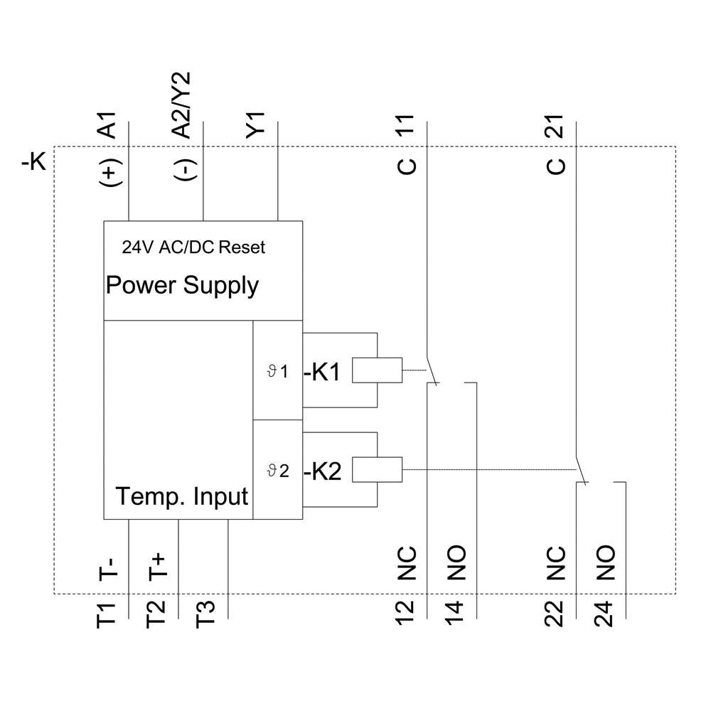 Schaltplan eines Stromversorgungsmoduls mit 24V AC/DC Reset, zwei Schaltrelais K1 und K2, und Temperatur-Eingang. Verbindungen zu Y1, Y2, C, 12, 14, 21, 22, 24.