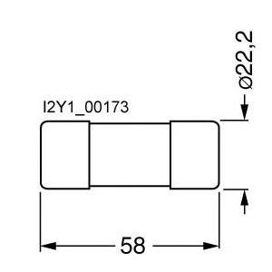 Ein technisches Diagramm zeigt ein zylinderförmiges Objekt mit einer Länge von 58 und einem Durchmesser von 22,2.