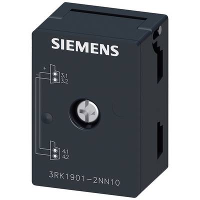 Ein schwarzes elektrische Modul mit der Aufschrift 'SIEMENS' oben. Zeigt Schaltplan und Modellnummer '3RK1901-2NN10' vorne.