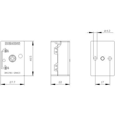 Technische Zeichnung eines Siemens Schalters ('3RK1901-2NN10') mit Maßen: 27,7 x 40,5 x 22 mm. Zeigt Vorder-, Seiten- und Oberansicht.