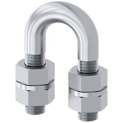 Metallene U-Bügelklemme mit zwei Schrauben und Muttern, oft verwendet für die Sicherung von Drähten oder Rohren.