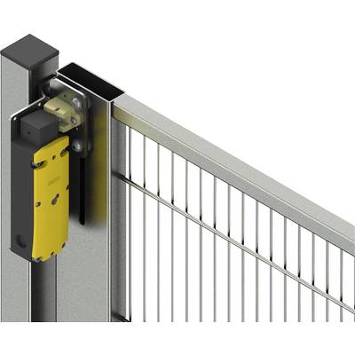 Ein metallisches Sicherheitstor mit vertikalen Stäben und einem gelben Sicherheitsschalter, montiert an einem stabilen Pfosten.