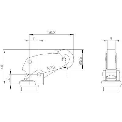 Technische Zeichnung eines mechanischen Gelenks mit Maßen in Millimetern. Hauptmaße: 50,3 mm Länge, 40 mm Höhe, 22 mm Durchmesser.