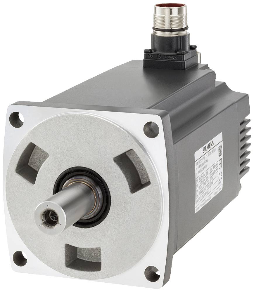 Ein grauer Elektromotor mit zylindrischer Welle und Anschlusskabel wurde von Siemens hergestellt. Er wird in Maschinen verwendet.