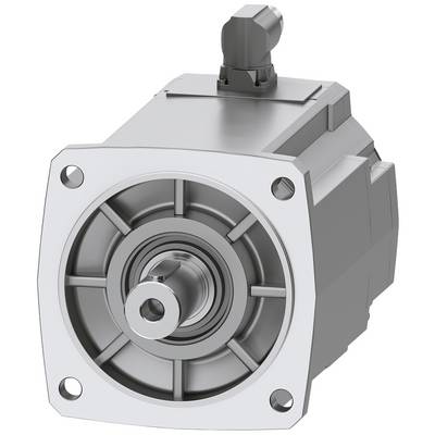 Ein silberner Elektromotor, zylinderförmig mit Befestigungsplatte an der Vorderseite. Oben ein elektrischer Anschluss.