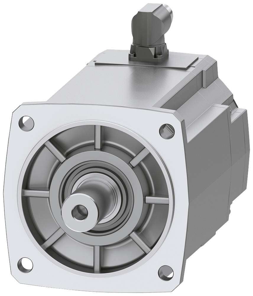 Silberner elektrischer Servomotor in Frontansicht mit sichtbarer runder Welle und Befestigungspunkten an den Ecken.