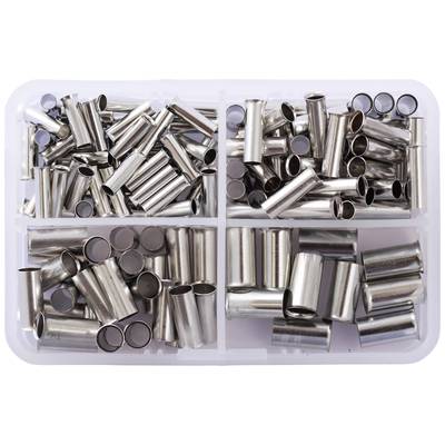 Eine transparente Box mit vier Fächern, jeweils gefüllt mit gleichmäßig verteilten Metallhülsen unterschiedlicher Größe.