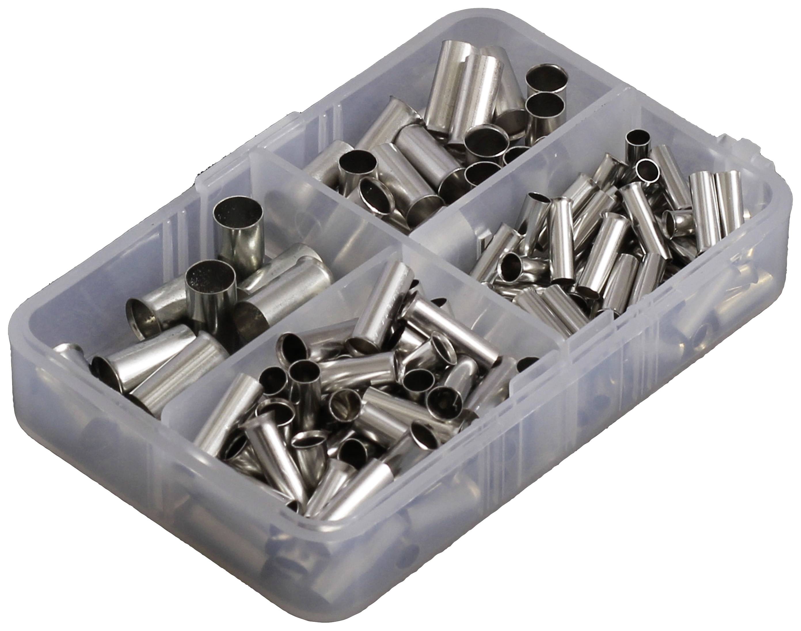 Kunststoffbox mit Fächern, gefüllt mit kleinen, silbernen Metallrohren.