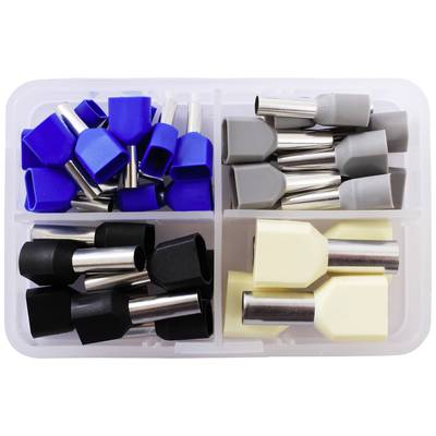 Kunststoffbox mit vier Fächern, gefüllt mit Aderendhülsen in Blau, Grau, Schwarz und Gelb.