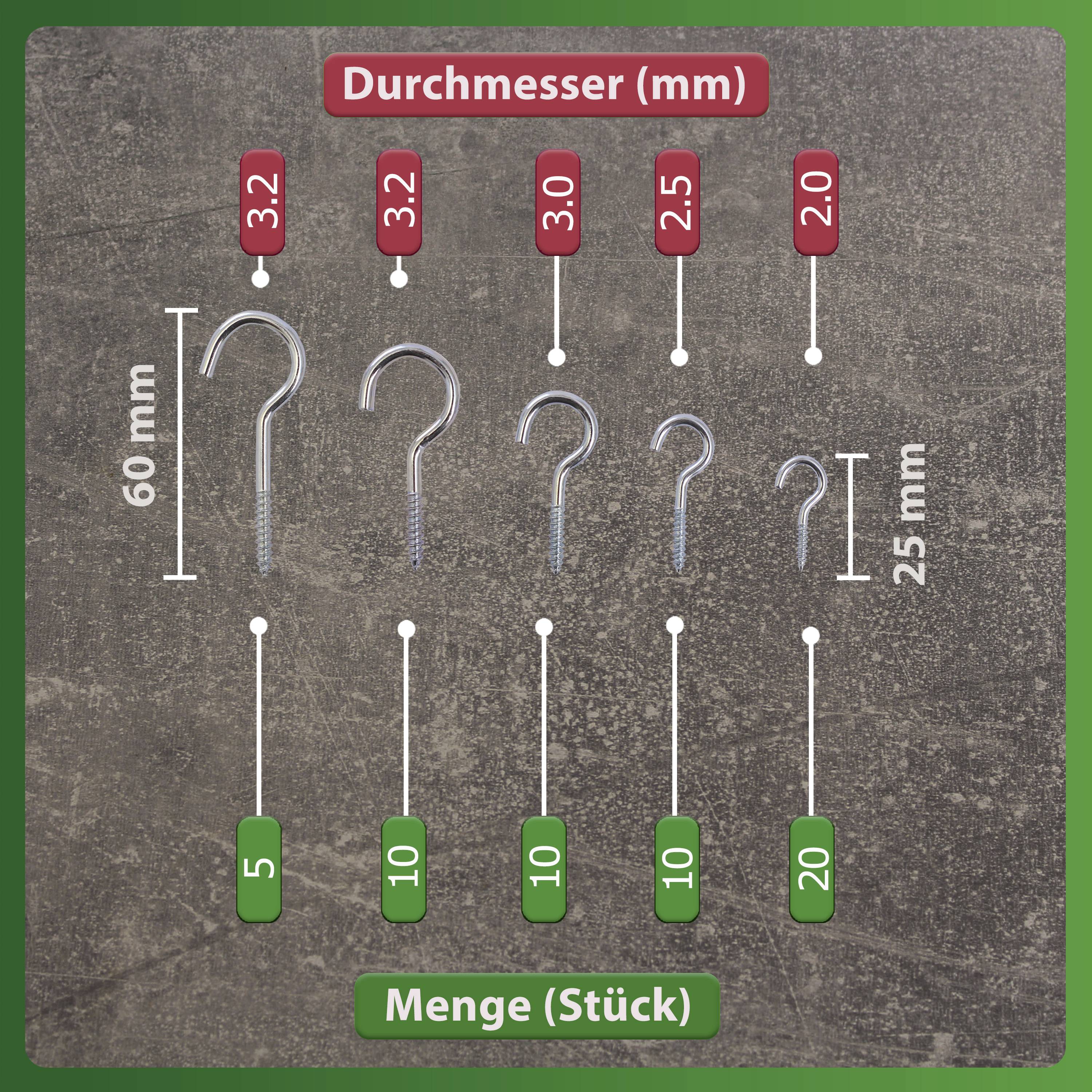 'Abbildung zeigt eine Tabelle mit Haken unterschiedlicher Durchmesser und Mengen: 3,2 mm (5 Stück), 3 mm (10 Stück), 2,5 mm (10 Stück), 2 mm (20 Stück).'