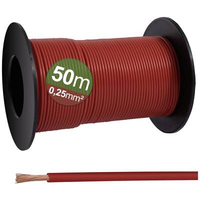 Rolle mit rotem Kabel, 50 Meter Länge, Querschnitt 0,25 mm². Geeignet für elektrische Verkabelung und Bastelprojekte.