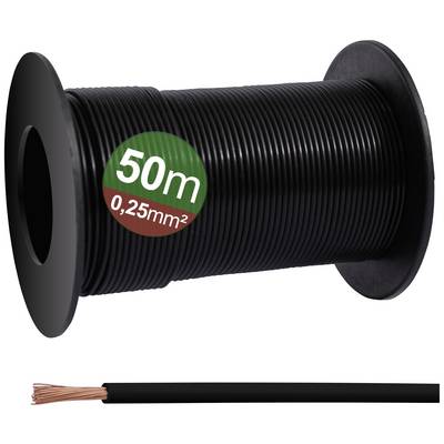 Schwarze Kabelspule mit 50 m Länge, Querschnitt 0,25 mm², geeignet für Elektroinstallationen.