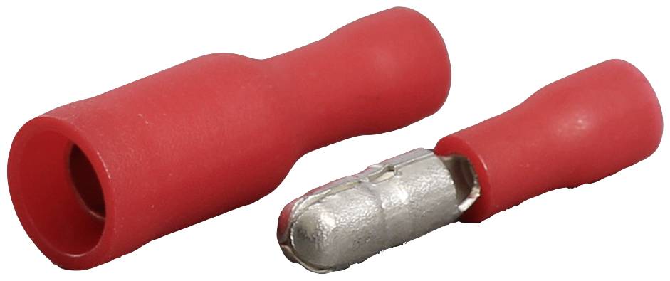 Zwei rote elektrische Steckverbinder: Einer ist vollständig, der andere zeigt ein herausragendes Metallstück. Verwendung für Kabelverbindungen.