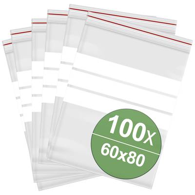 Sechs transparente Plastikbeutel mit weißen Streifen und rotem Verschluss. Grüner Kreis zeigt '100x 60x80'. Ideal für Aufbewahrung.