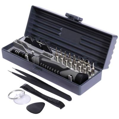 'Satz eines Werkzeugkits mit Schraubendreher und verschiedenen Bits in einem offenen, grauen Kunststoffgehäuse. Inklusive Pinzette, Saugnapf und Hebelwerkzeug zur Reparatur elektronischer Geräte.'