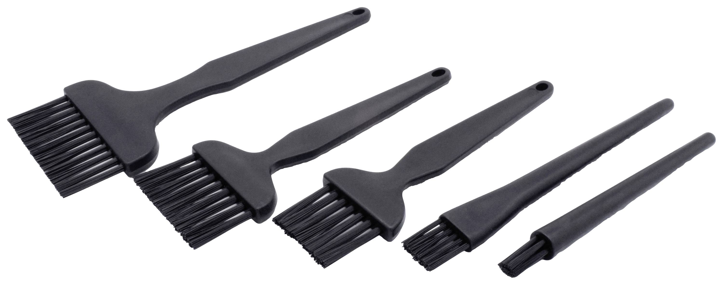 Fünf Grillbürsten in verschiedenen Größen aus schwarzem Material, angeordnet in einer Linie von groß nach klein.