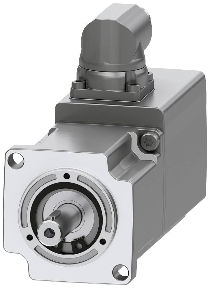 Elektromotor in silbernem Gehäuse mit abgewinkeltem Anschluss oben. Geeignet für industrielle Anwendungen.