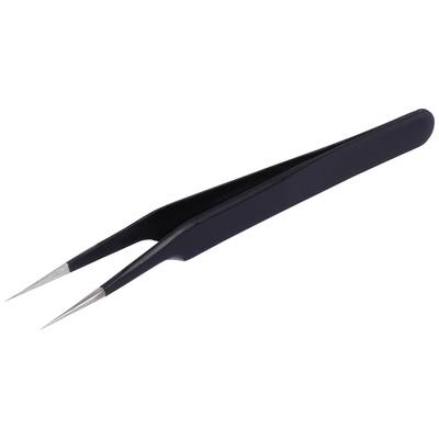 Eine schwarze Metallpinzette mit schmalen, spitzen Enden, die zum präzisen Greifen kleiner Gegenstände verwendet wird.