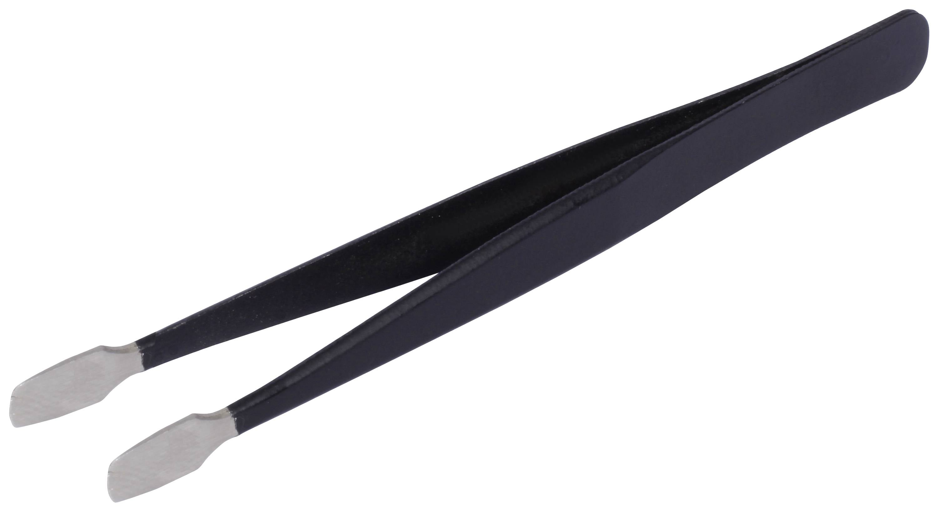 Eine schwarze Pinzette mit flachen, silbernen Spitzen, die für präzises Greifen kleiner Objekte verwendet wird.