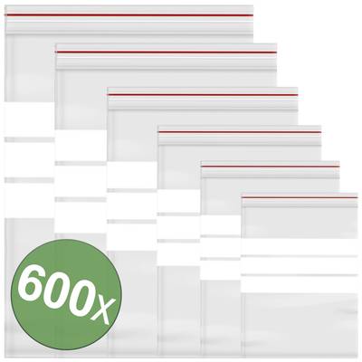 Sechs verschiedene Größen von transparenten Zipper-Beuteln übereinander gestapelt mit '600X' in einem grünen Kreis unten links.