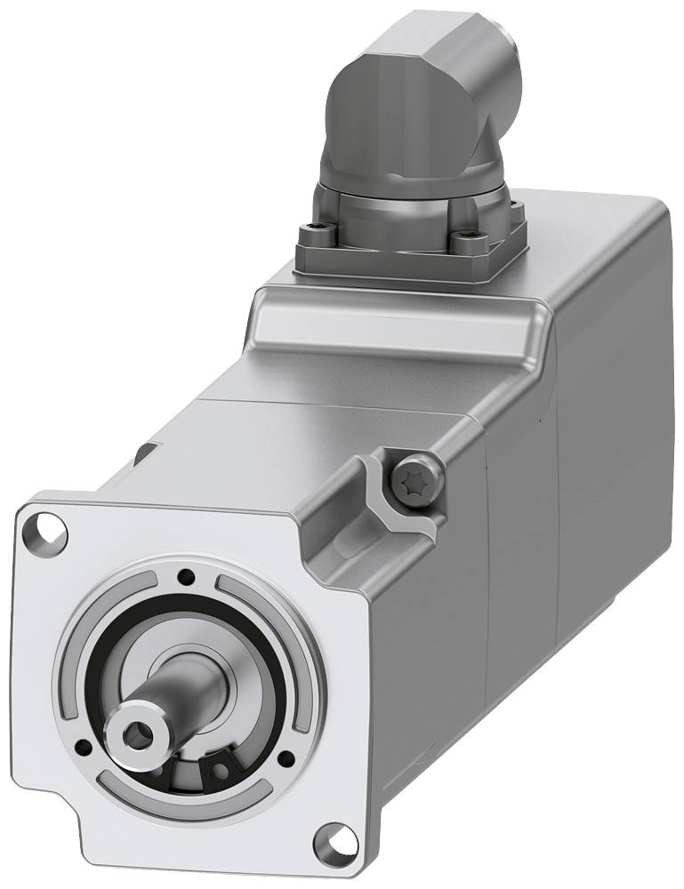 Ein silberner Elektromotor mit rechteckigem Gehäuse und runder Welle, oben eine abgerundete Anschlussabdeckung.